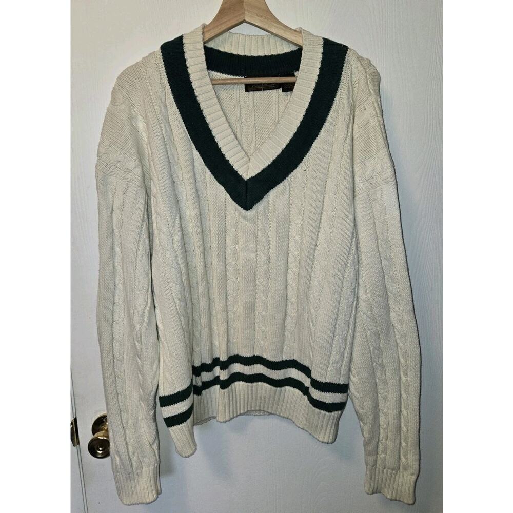 VTG Eddie Bauer Green Cable Knit V-Neck Sweater Men’s Size XL. Tennis USA